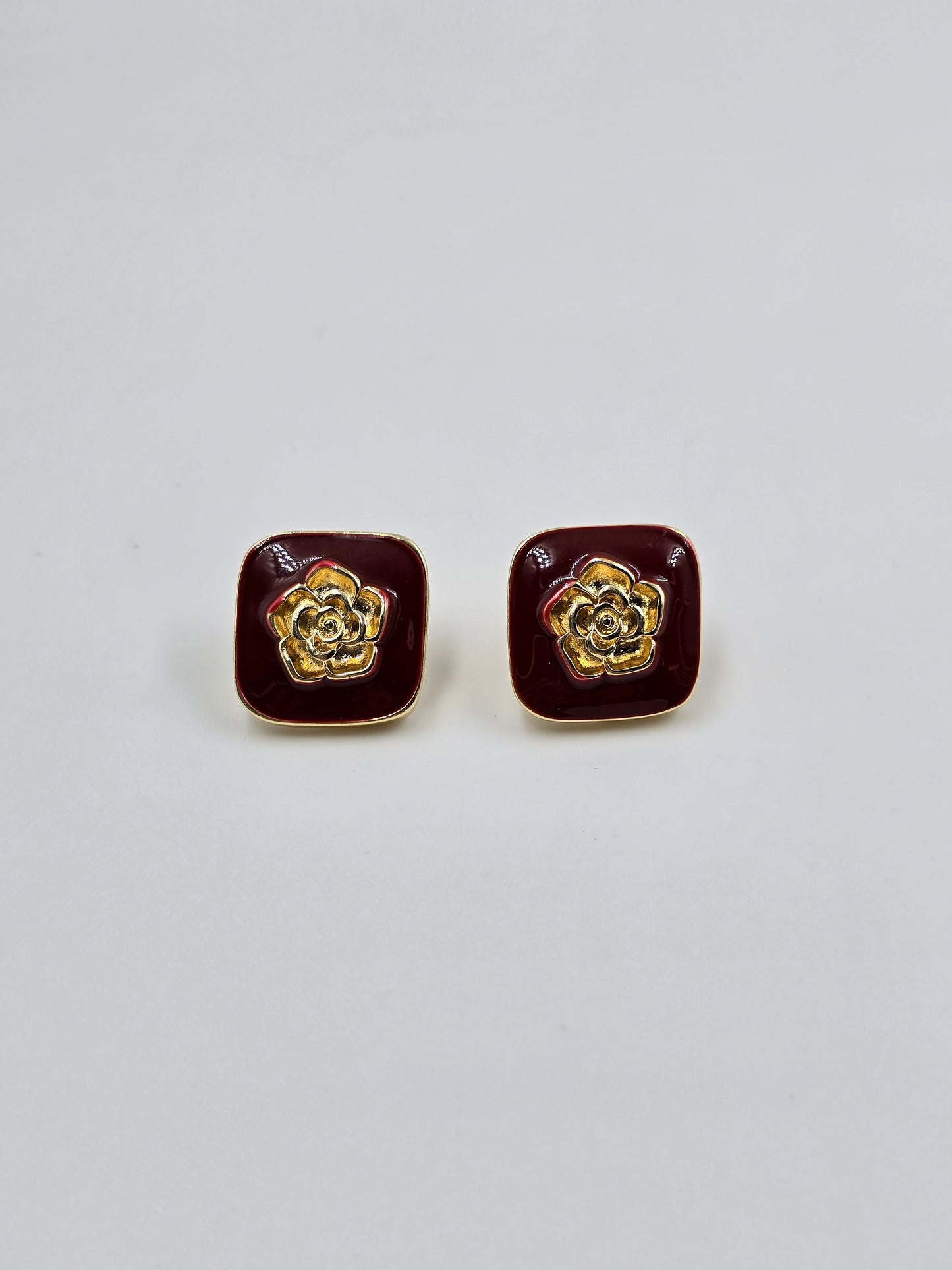 Square Earrings with Gold Rose Design