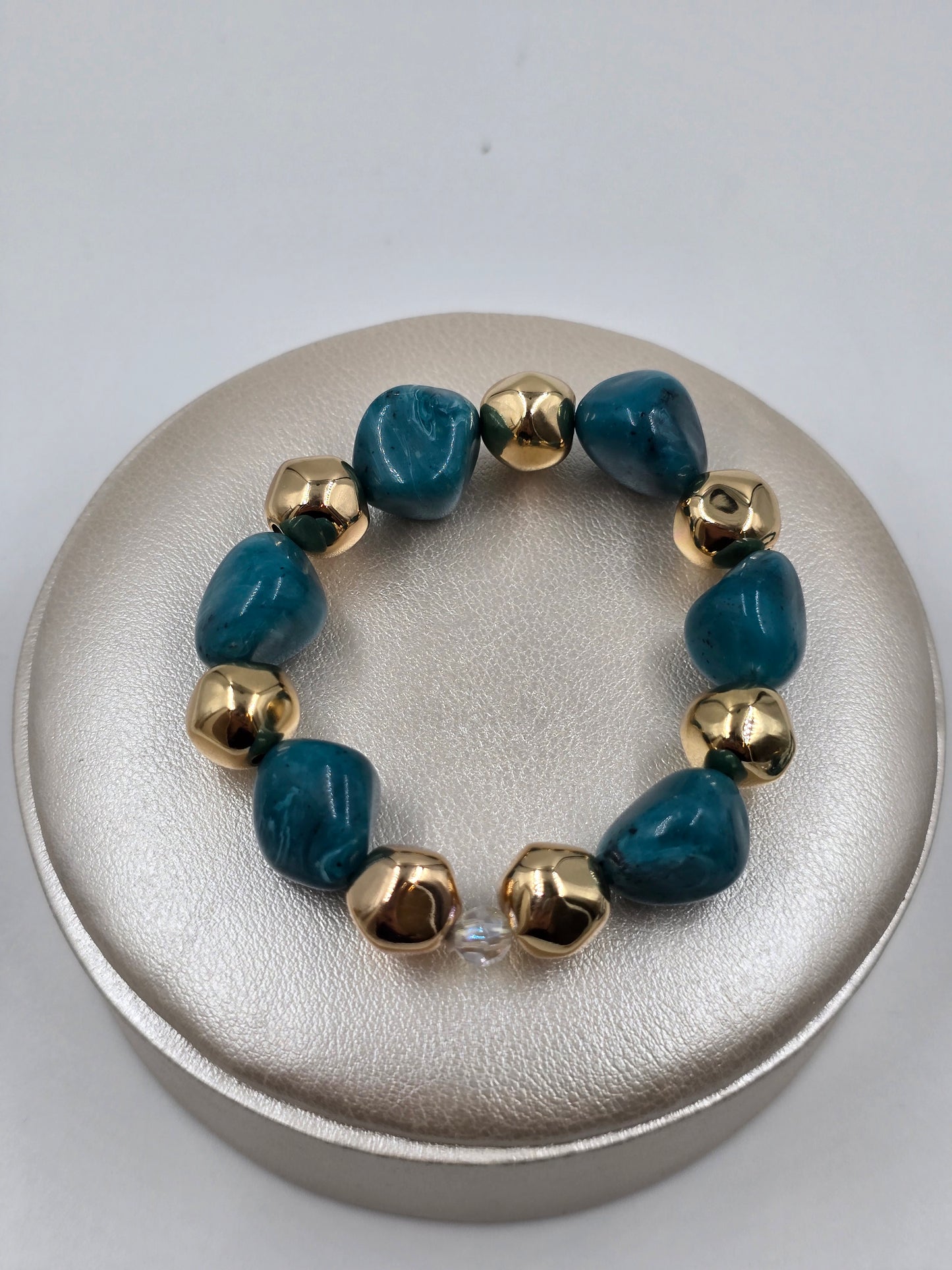 N - Green Natural Stone with Golden Accents Bracelet