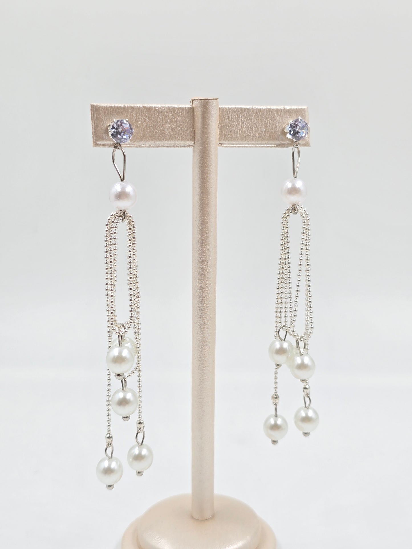 N - Silver-toned Dangle Earrings with White Pearl Beads