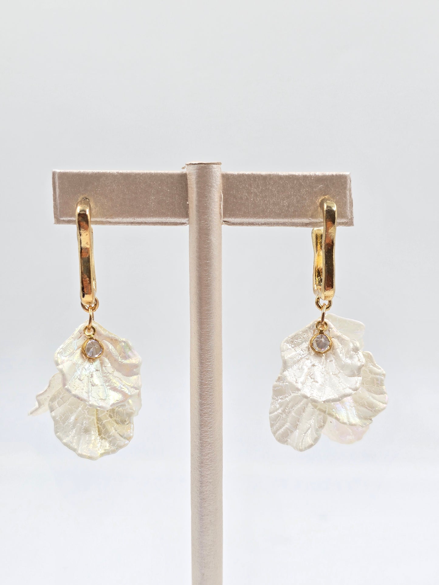 N - Gold-tone Earrings with White Leaf-shaped