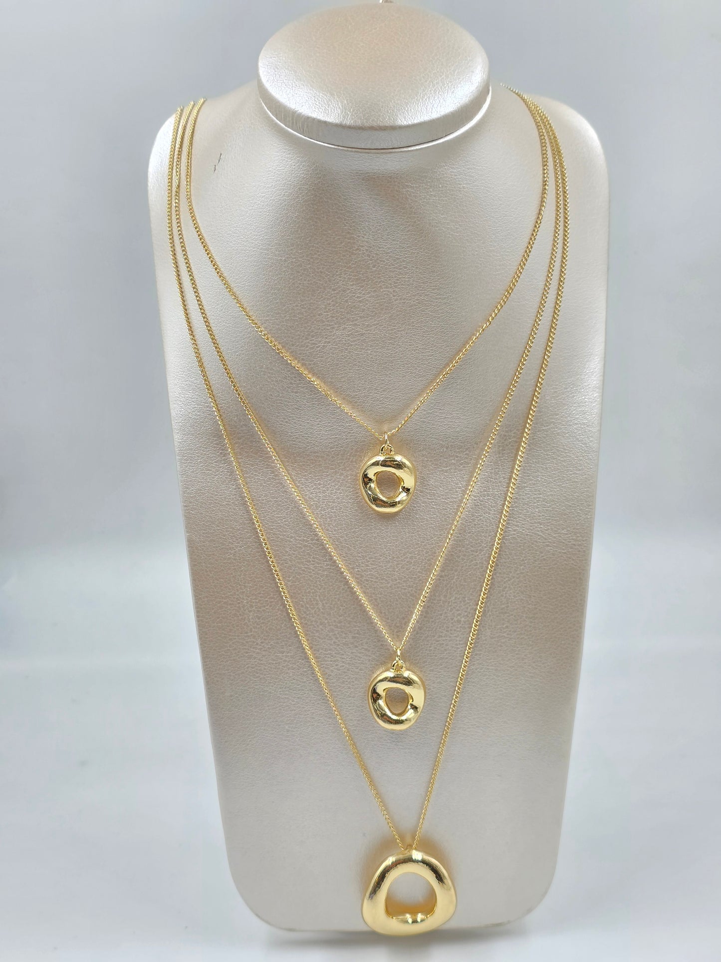 C - Three Layered Necklace with Gold Oneven Circle Pendant