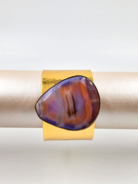 Wide Gold Cuff Bracelet With a Natural Stone Centerpiece