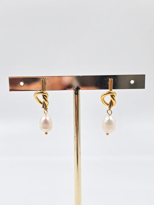 Stainless Steel Knotted Drop Pearl Earring