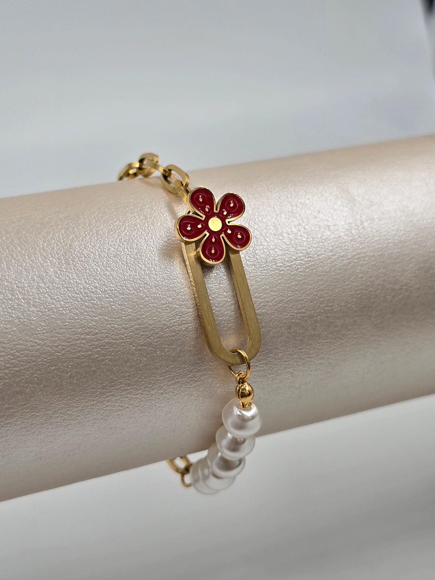 Stainless Steel Flower Pearl Chain Bracelet