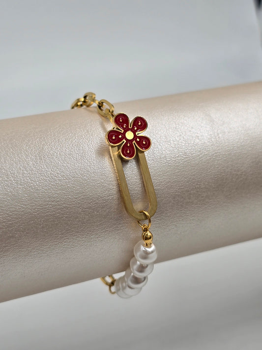 Stainless Steel Flower Pearl Chain Bracelet