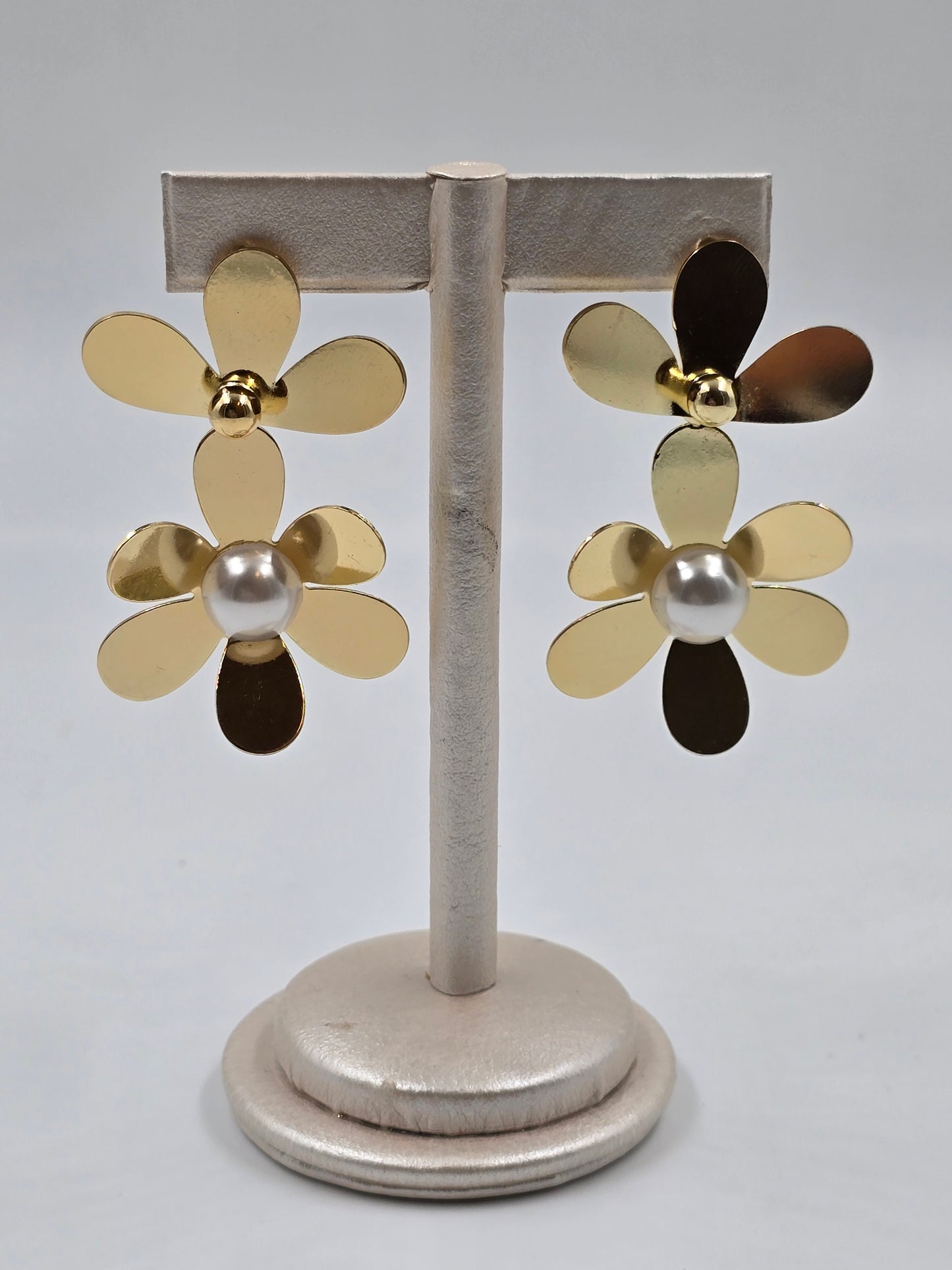 Gold Flowers Earrings with Pearl Centers