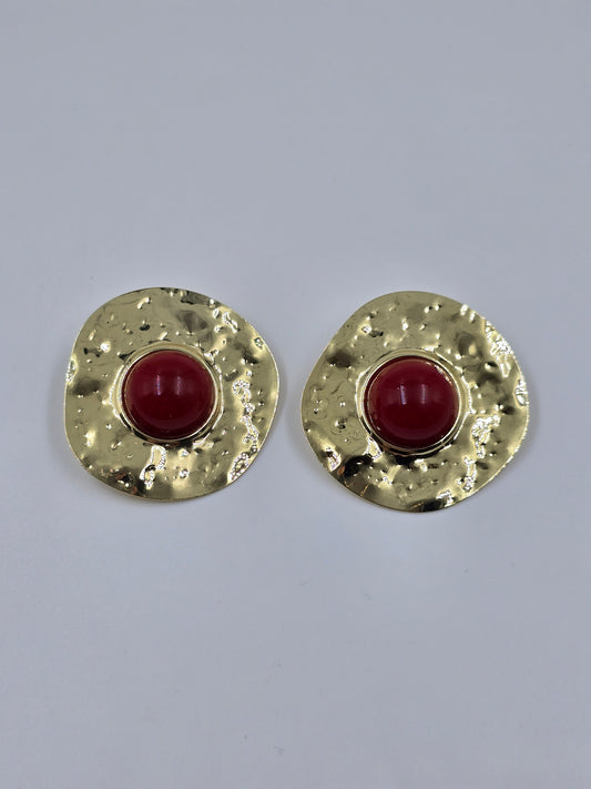 Gold Earrings with Red Stone