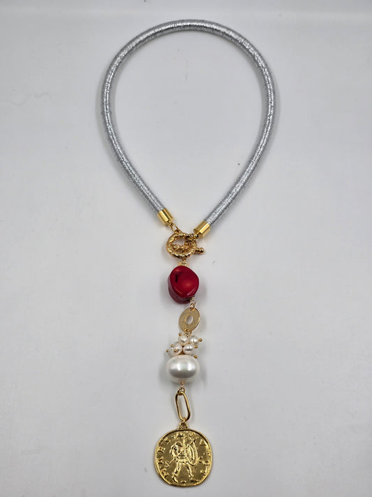 O - Statement Red and White Stones Necklace