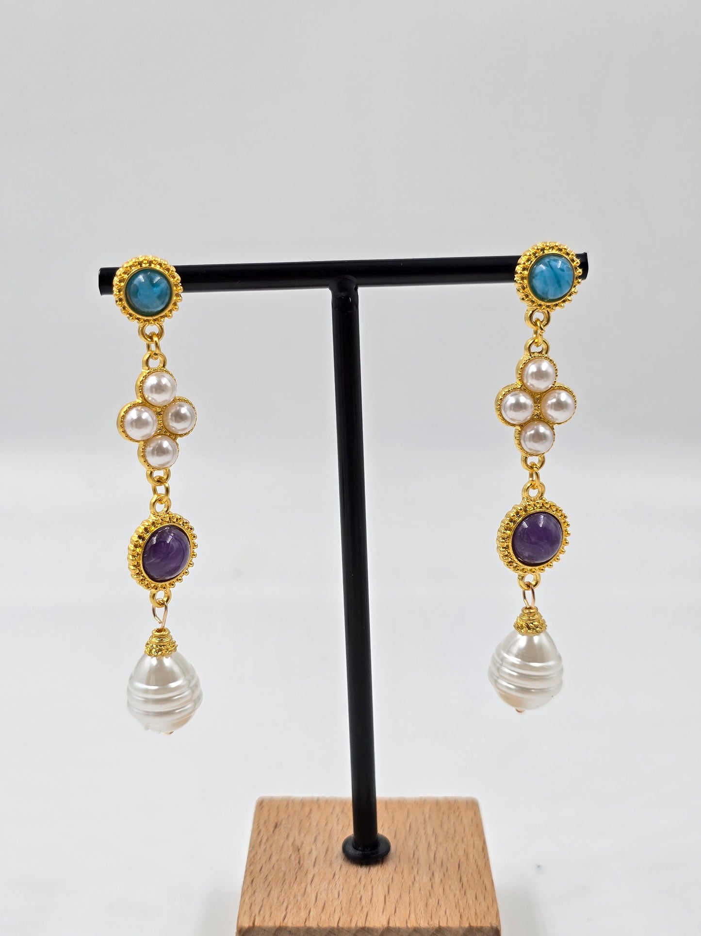 N - Gold Earrings with Colored Gemstones