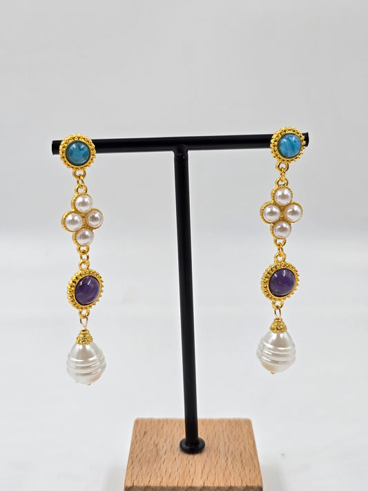 N - Gold Earrings with Colored Gemstones