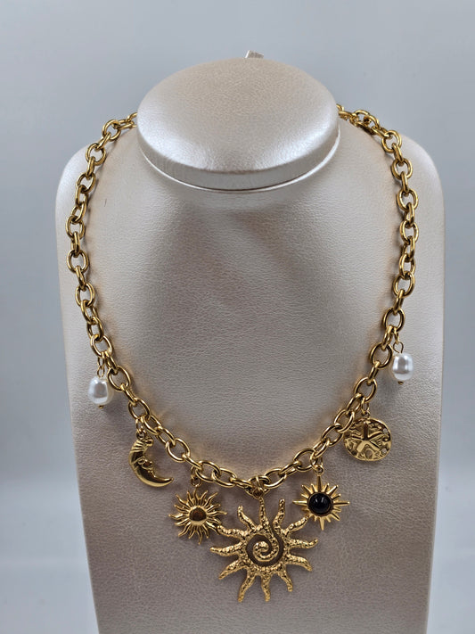A - Golden Charm Necklace With Sun