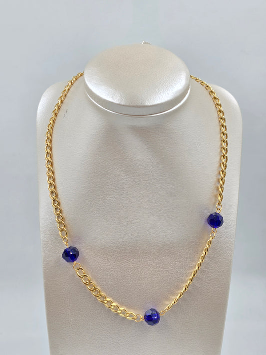 N- Golden Necklace with Blue Crystals - Stainless Steel