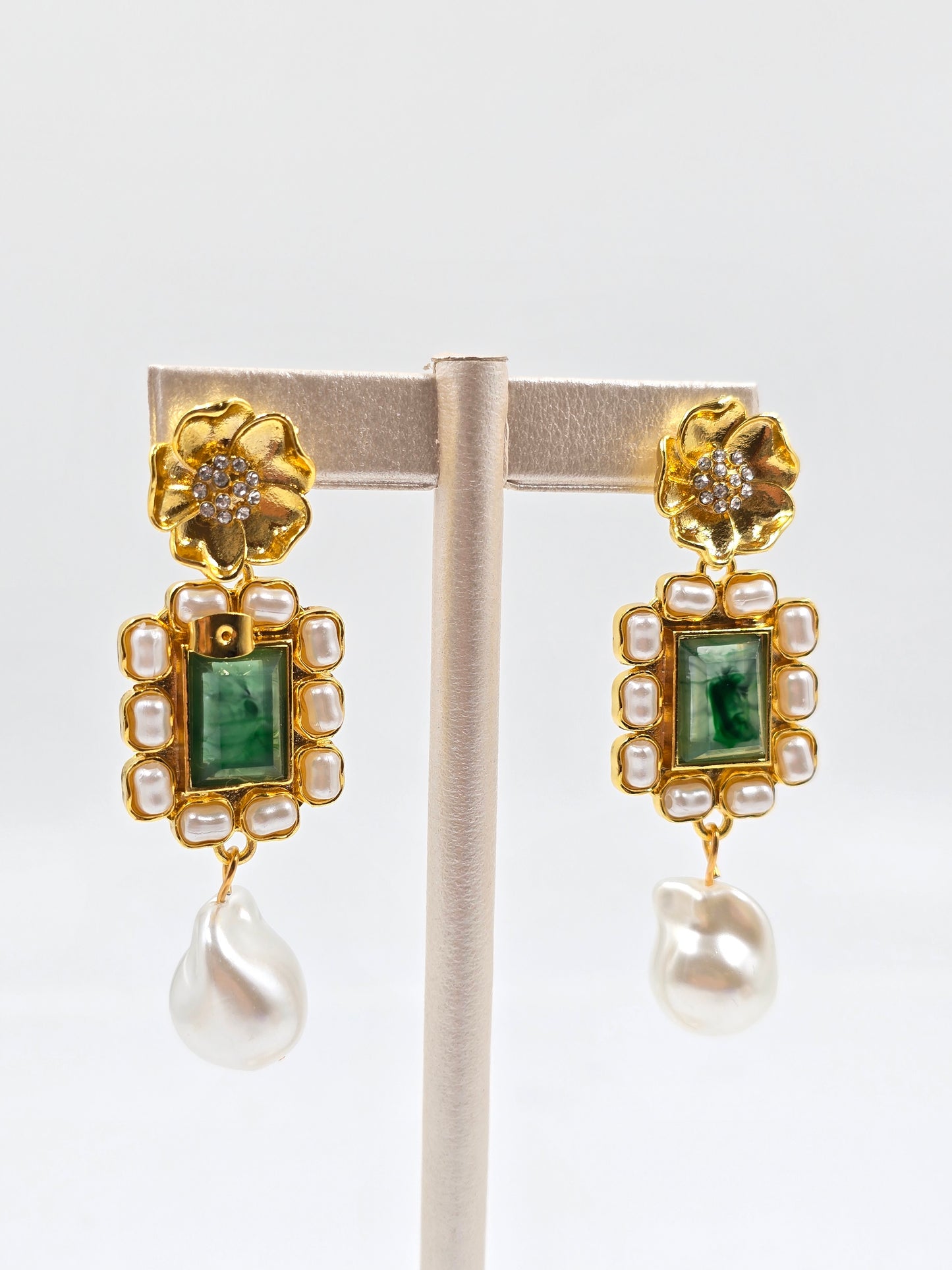 N - Green and Pearl Vintage Earring