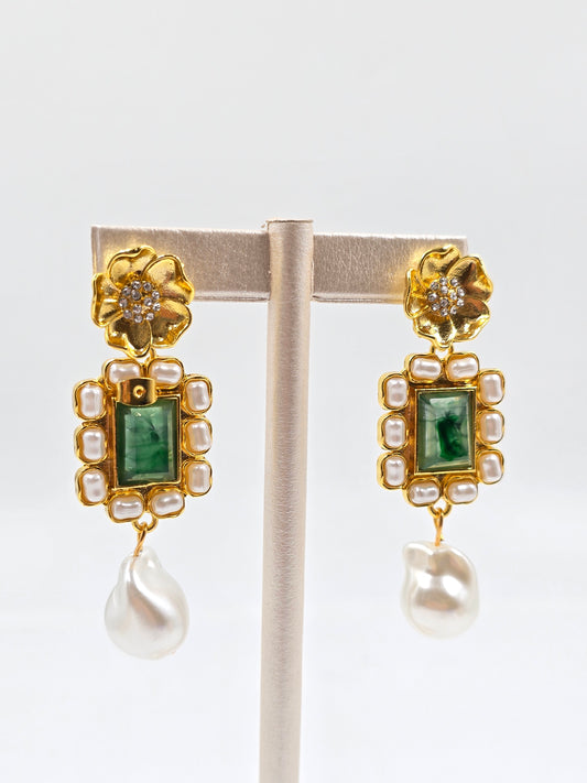 N - Green and Pearl Vintage Earring