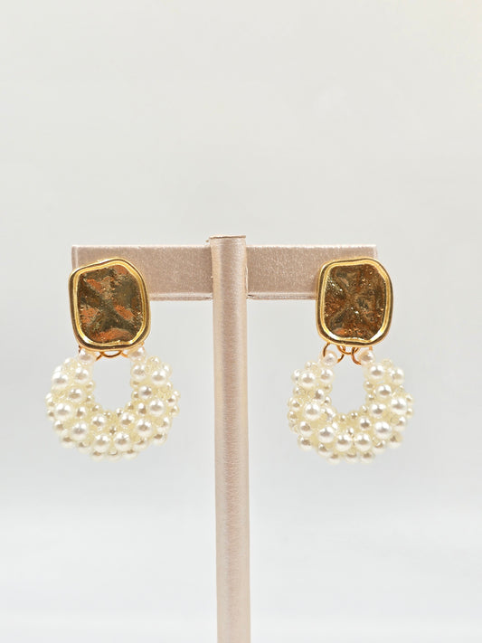N - Gold Flat Earring with Tiny Pearls
