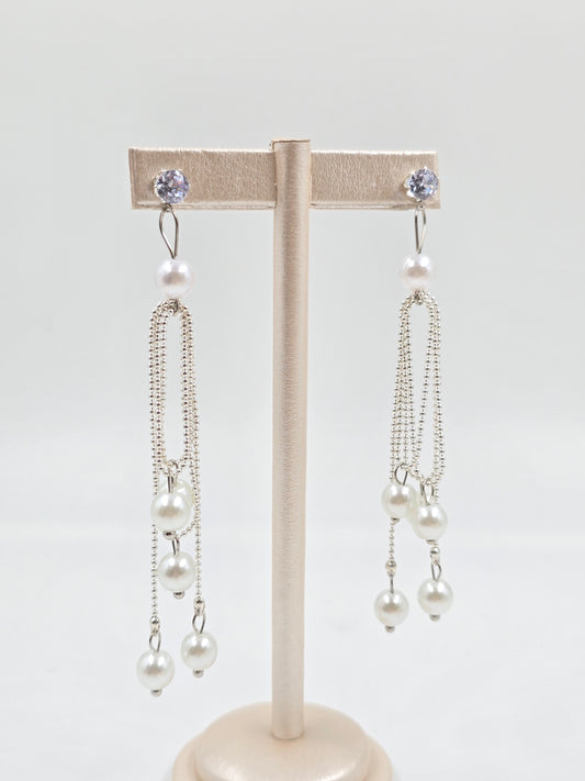 N - Silver-toned Dangle Earrings with White Pearl Beads
