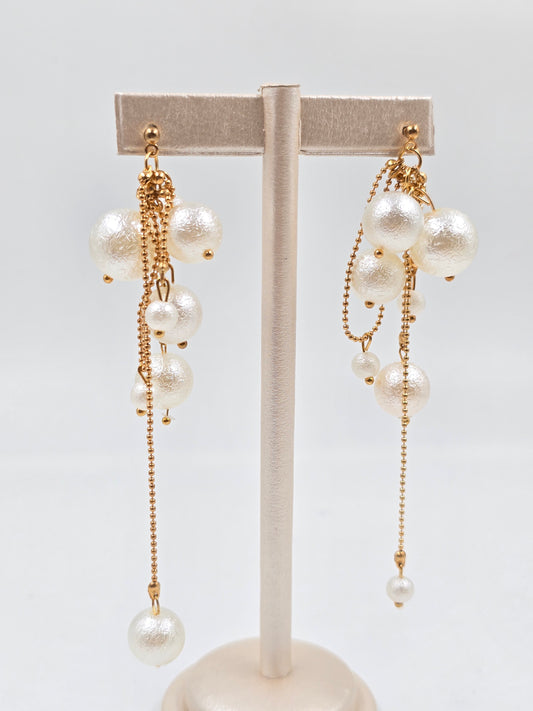 N - Dangle Earrings with Textured White Pearls and Beaded Chains