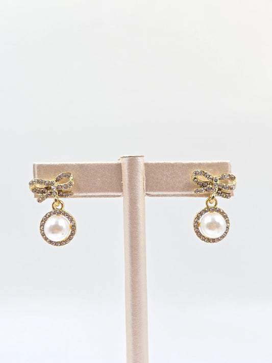 N - Small Bow with White Pearl Drop Earring