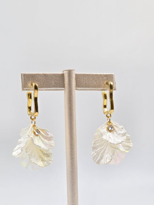 N - Gold-tone Earrings with White Leaf-shaped