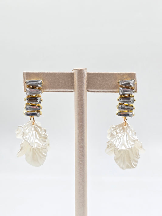 N - Rectangular Clear Stones and textured white leaf-shaped Earrings