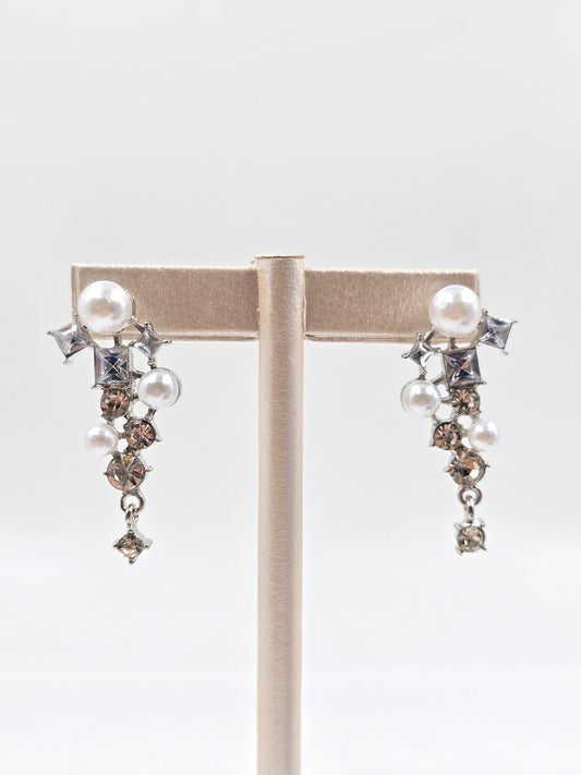 N - White Pearls and Clear Faceted Crystals Earring