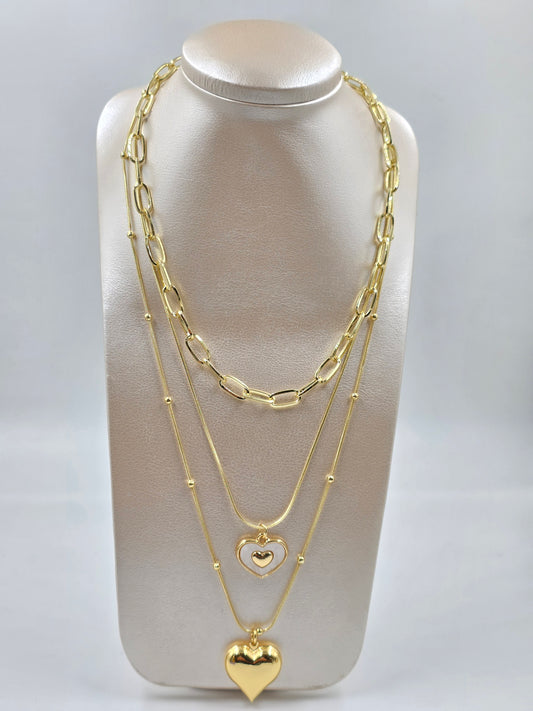 C - Gold Three Layered Necklace Heart Pendant
