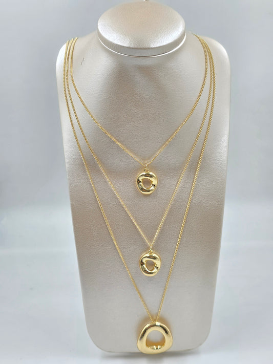C - Three Layered Necklace with Gold Oneven Circle Pendant