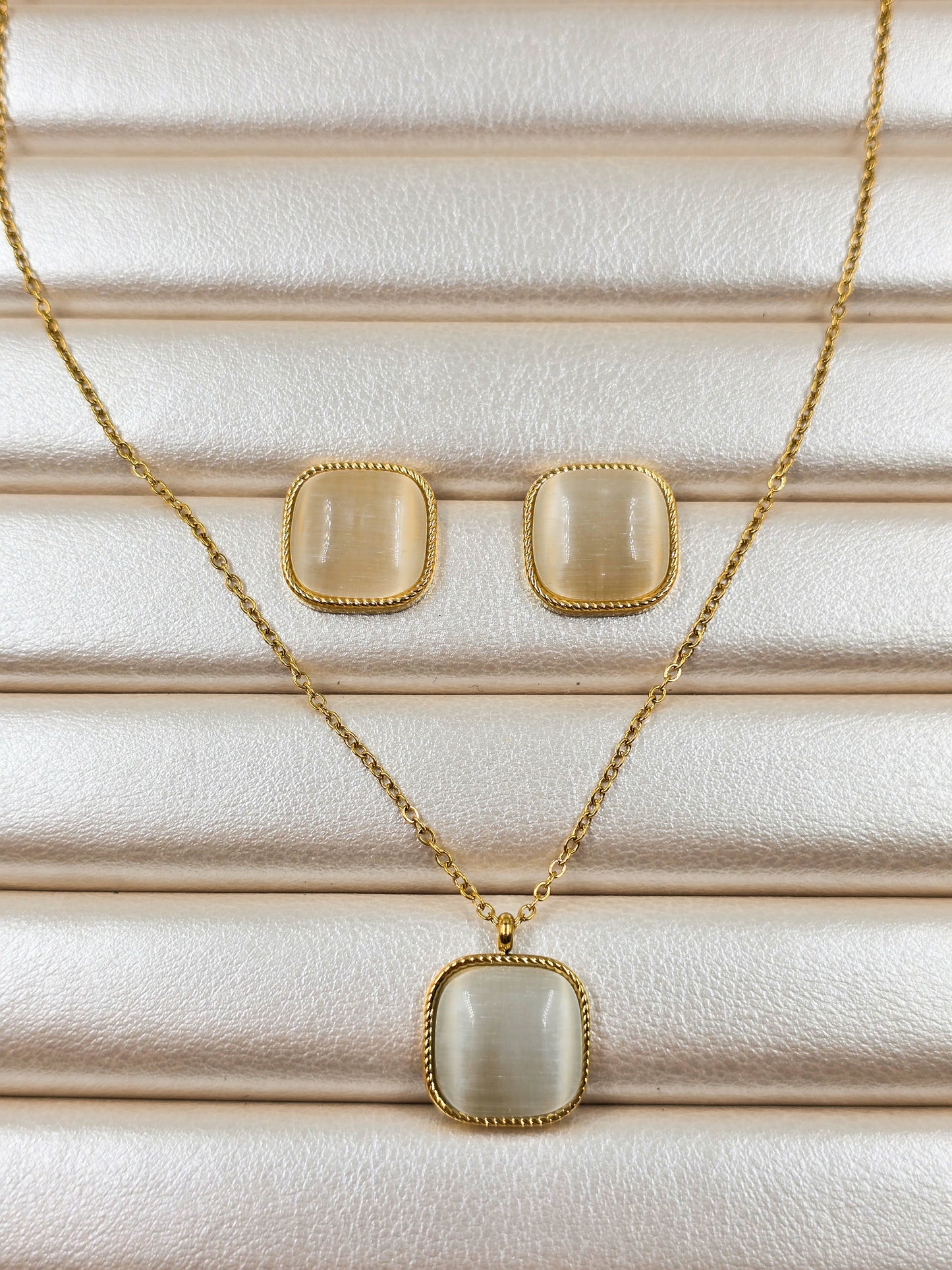 Stainless Steel Square Stone Necklace and Earrings Set
