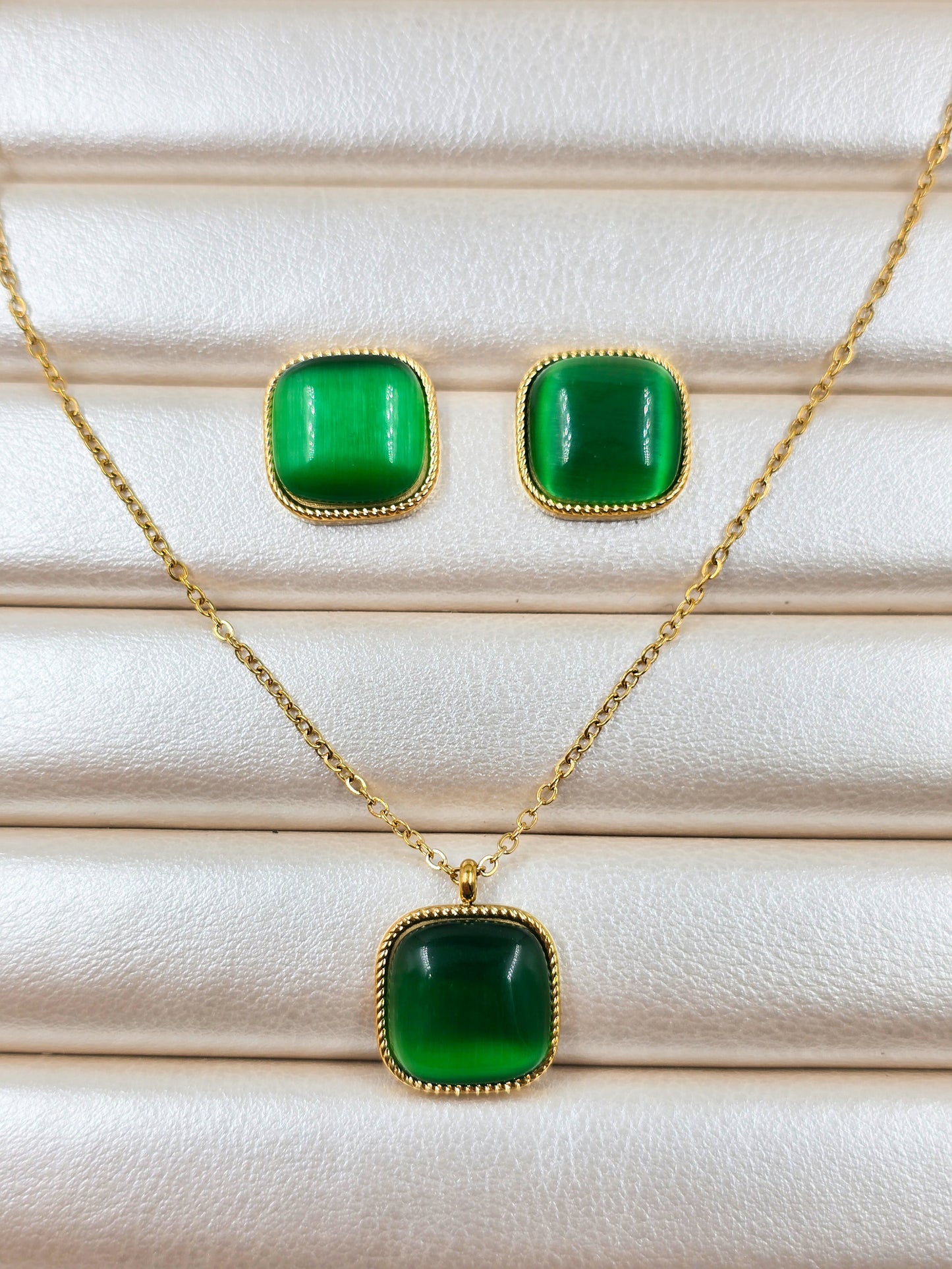 Stainless Steel Square Stone Necklace and Earrings Set