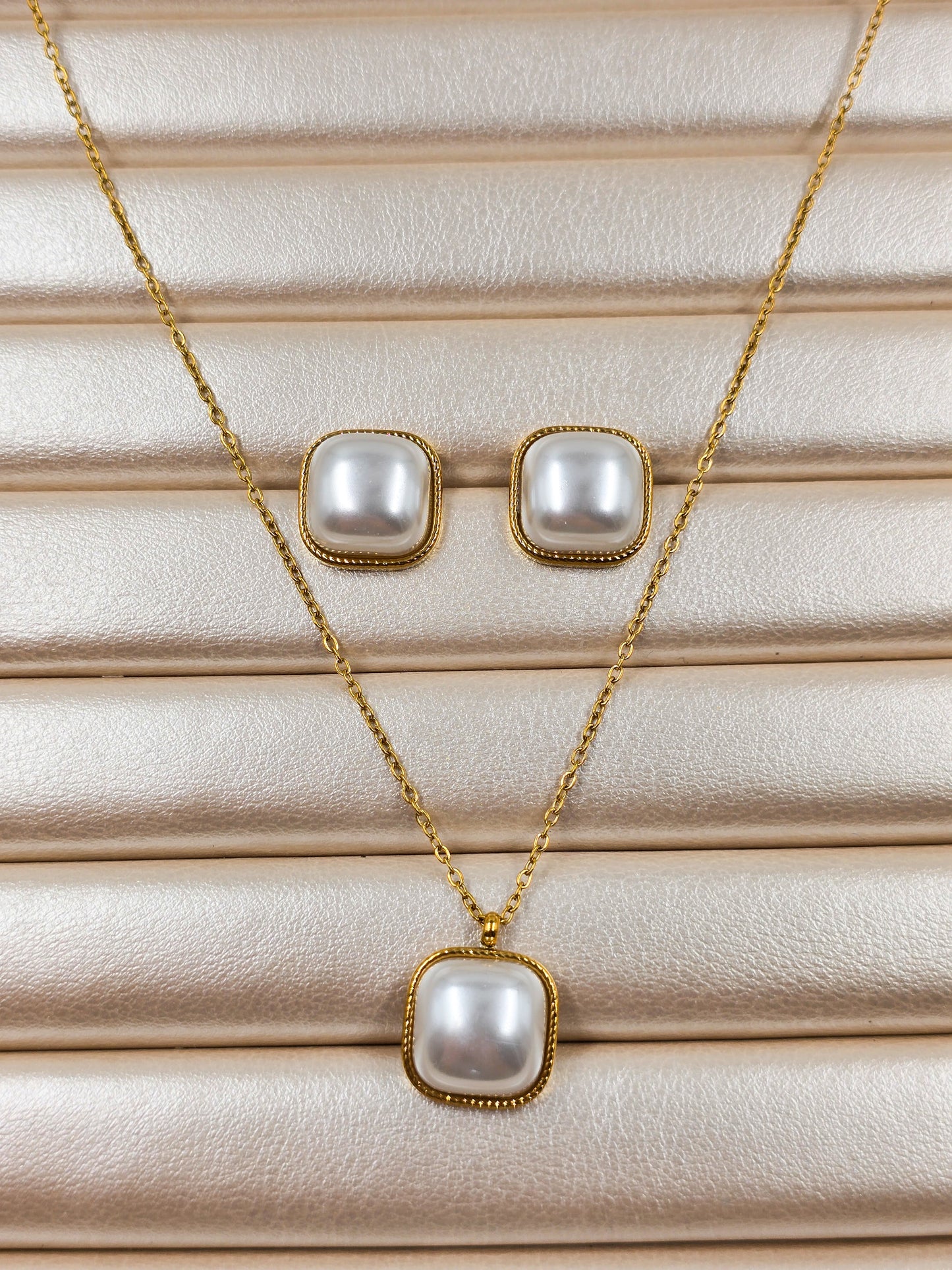 Stainless Steel Square Stone Necklace and Earrings Set