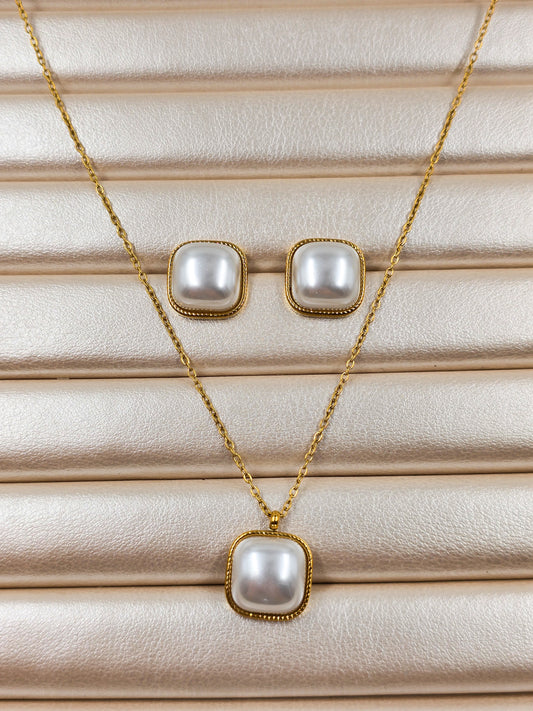 Stainless Steel Square Stone Necklace and Earrings Set