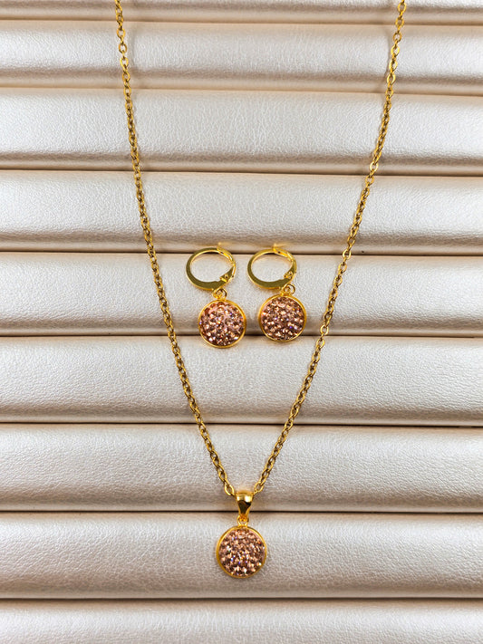 Stainless Steel Round Crystal Pendant and Stud Earring Set
