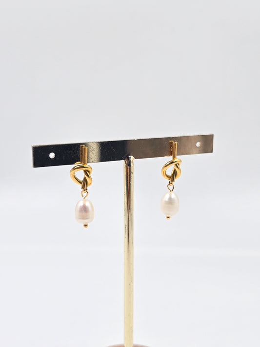 Stainless Steel Knotted Drop Pearl Earring